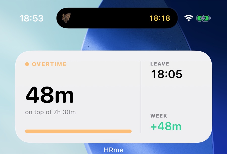HRme's medium Home Screen widget: 48 minutes of overtime on top of 7h 30m, leave at 18:05, week +48m, with a Bat mode countdown in the Dynamic Island above it